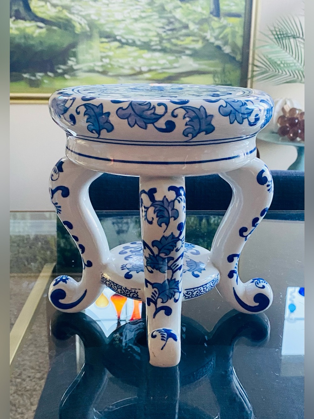 Chinoiserie Garden Vase Riser Plant Stand Small Stool Blue White Porcelain